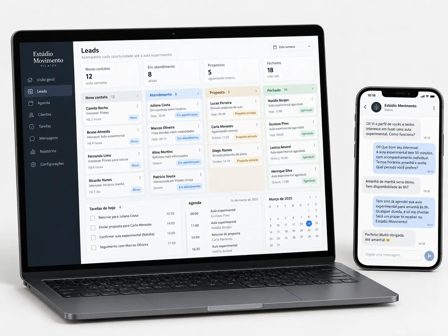 Exemplo ilustrativo de CRM com funil de leads e conversa de atendimento no celular